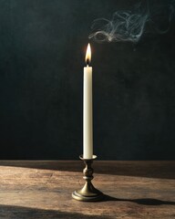 Poster - A single white candle burning softly, placed in an antique brass holder