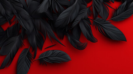 Black bird feathers on red background. Decorative plumage of black swan or crow. Abstract luxury illustration, web design element, for presentation or ad