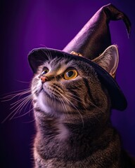 Wall Mural - A tabby cat with a curious expression, wearing a tilted witch hat