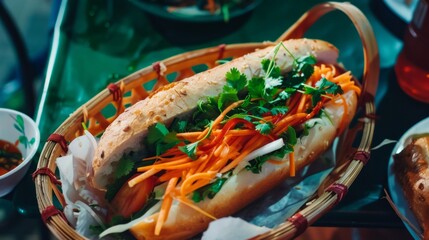 Poster - Close-up of a Vietnamese baguette sandwich with fresh cilantro and vegetables.