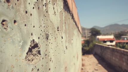 Poster - Close-up of a weathered concrete wall with holes and peeling paint.