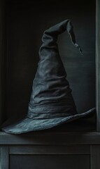 Wall Mural - A worn, black wizard hat, crumpled brim, standing upright