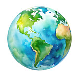 Watercolor globe earth illustration with continents. Vibrant artistic depiction of Earth showcasing continents and oceans, ideal for geography. Isolated on transparent background, png.