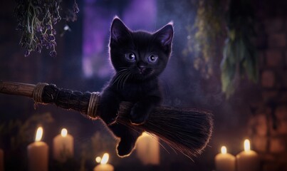 Wall Mural - Black cat perched confidently on a witch's broom