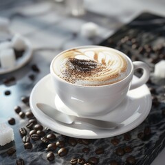 Canvas Print - Closeup of a white cup of cappuccino with latte art, surrounded by coffee beans and sugar cubes on a marble surface.