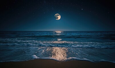 Wall Mural - bright moon casting a long reflection on the ocean