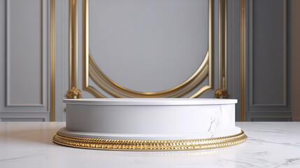 Poster - White marble pedestal with gold in the studio room, mockup stand for presentation.