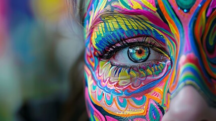 Sticker - Close-up of a woman's eye with colorful face paint.