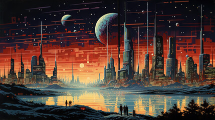 Poster - Retro futuristic city in the old school sci-fi art scene. Retro space landscape with city