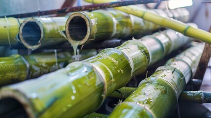 Close-up of fresh bamboo stalks, with one dripping sap.