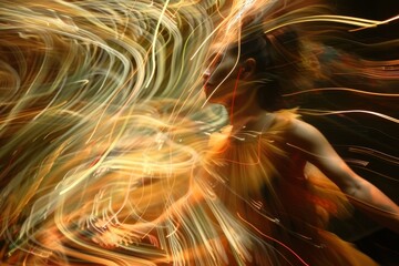 Fototapete - A woman in a yellow dress joyfully spins her arms, embodying a sense of freedom and happiness in her movement, Generate an image that appears to be in motion despite being still. AI generated