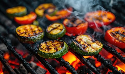 Sticker - Colorful bell peppers and zucchini slices grilling over hot coals