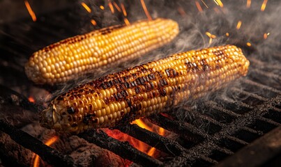 Wall Mural - Corn on the cob grilling over red-hot coals, kernels browning and caramelizing, flames flickering beneath