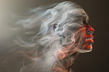 Aufkleber - A woman with wisps of smoke rising from her hair, evoking a sense of mystery and intrigue, Generate an image that appears to be in motion despite being still. AI generated