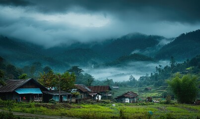 Wall Mural - Dark clouds gathering over a quiet village, the air thick with moisture