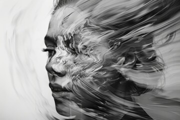 Aufkleber - A woman surrounded by smoke emanating from her hair, presenting a captivating and ethereal scene, Generate an image that appears to be in motion despite being still. AI generated