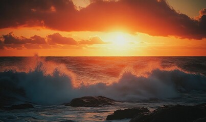 Deep orange sunset over a rocky coastline