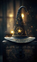 Wall Mural - A black and gold wizard hat closeup, intricate patterns across the brim