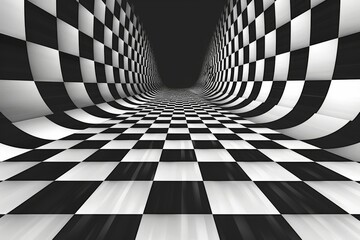 Poster - A visually captivating black and white checkered tunnel adorned with a bold black and white pattern, enhancing its dimensionality, Generate an optical illusion that appears to move on its own.