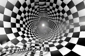 Poster - A visually captivating black and white checkered tunnel adorned with a bold black and white pattern, enhancing its dimensionality, Generate an optical illusion that appears to move on its own.