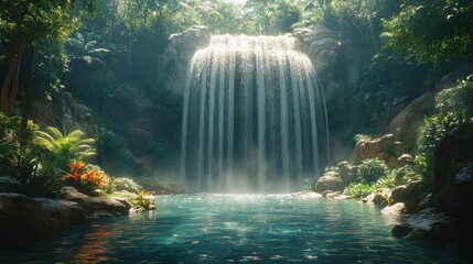 Wall Mural - Tranquil Waterfall in Lush Tropical Rainforest