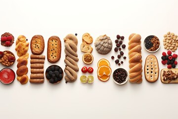 A row of assorted pastries and breads, including croissants, muffins, and bagels