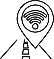 Poster - line art vector icon of a location pin pointing a wifi signal over an antenna on a road, representin