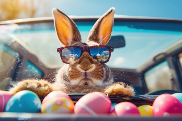 Poster - A rabbit wearing sunglasses and holding a bunch of Easter eggs, generative ai image