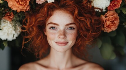 A beautiful woman with red curly hair and flowers nestled in her hair, radiating calm and natural elegance against a serene and artistic floral backdrop.