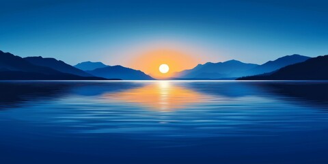 Wall Mural - A serene flat vector illustration of the sun setting over calm waters, featuring a minimalist and peaceful scenic design with soft colors,  Sunset, Calm Waters, Flat Design