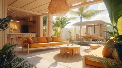 Poster - A cozy living room with wooden furniture and tropical vibes. The large windows provide a view of the lush backyard with palm trees and a thatched roof hut.