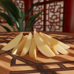 Poster - Close-up of golden potato wedges on wooden surface.