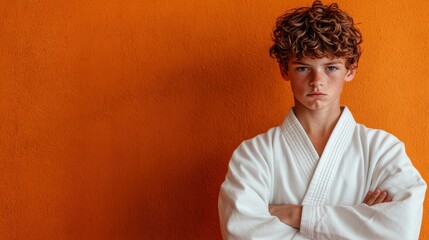 A young boy with curly hair stands confidently in a martial arts uniform against an orange background, arms crossed and exhibiting a determined and serious expression.