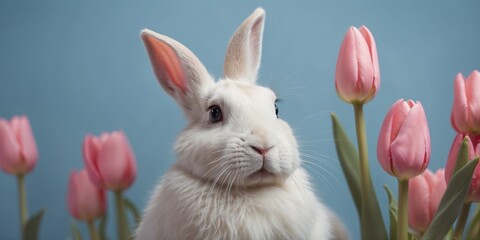 Cute white rabbit with pink tulip on pastel blue background.