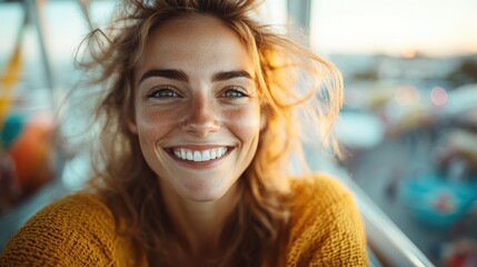 Candid moment of a smiling woman with tousled hair riding a Ferris wheel, captured during golden hour, exuding sheer joy and happiness with amusements and lights in the background.