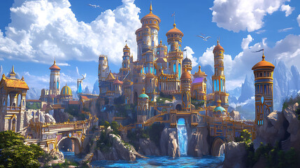 Sticker - Illustration of vibrant dynamic fantasy castle in an epic mythical setting