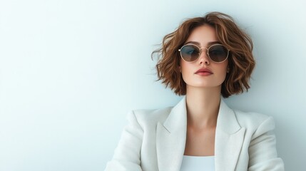 A woman wearing round sunglasses and a chic white blazer stands confidently against a light background, exuding modern elegance and sophistication.