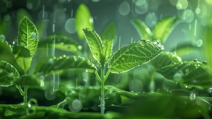 Wall Mural - Close-up of lush green leaves with raindrops.