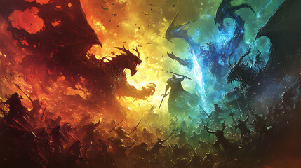 Sticker - Illustration of epic fantasy battle between gods and demons depicted in vibrant dynamic colors