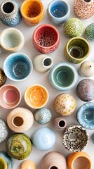 Wall Mural - An array of colorful pottery pieces showcasing different glazes and textures on a neutral backdrop