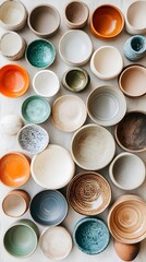 Wall Mural - An array of colorful pottery pieces showcasing different glazes and textures on a neutral backdrop