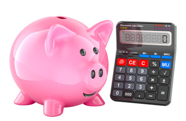 Poster - Piggy bank with calculator. Savings concept. 3D rendering isolated on transparent background