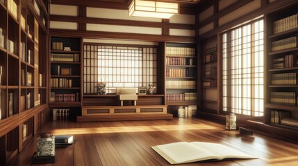 Poster - Open Book on Wooden Floor in Japanese Style Room.