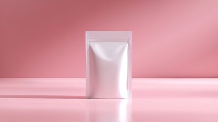 Wall Mural - Clean white packaging pouch showcased on a soft pink background for minimalist branding