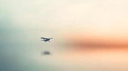 A serene scene of an RC plane flying over a calm lake, with reflections on the water and a light pastel background