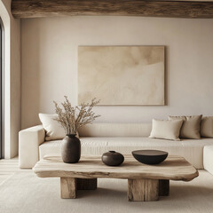 Wall Mural - Japandi Boho Living Room with Beige Sofa and Rustic Coffee Table