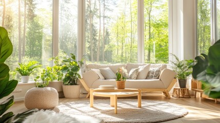 Canvas Print - Sunlit Living Room with Sofa and Plants.