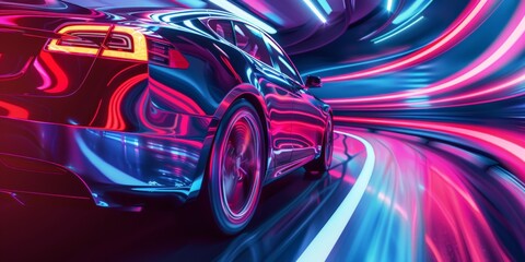 Futuristic electric car with neon accents driving through a tunnel with vibrant lights and copy space

