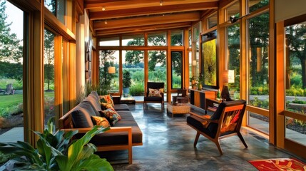 Poster - Modern living room with large windows overlooking a garden.