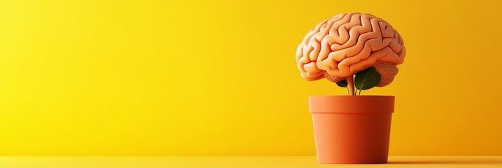 Canvas Print - A 3D illustration depicting a human brain as a plant growing in a pot, symbolizing knowledge, growth, learning, potential, and the power of the mind.